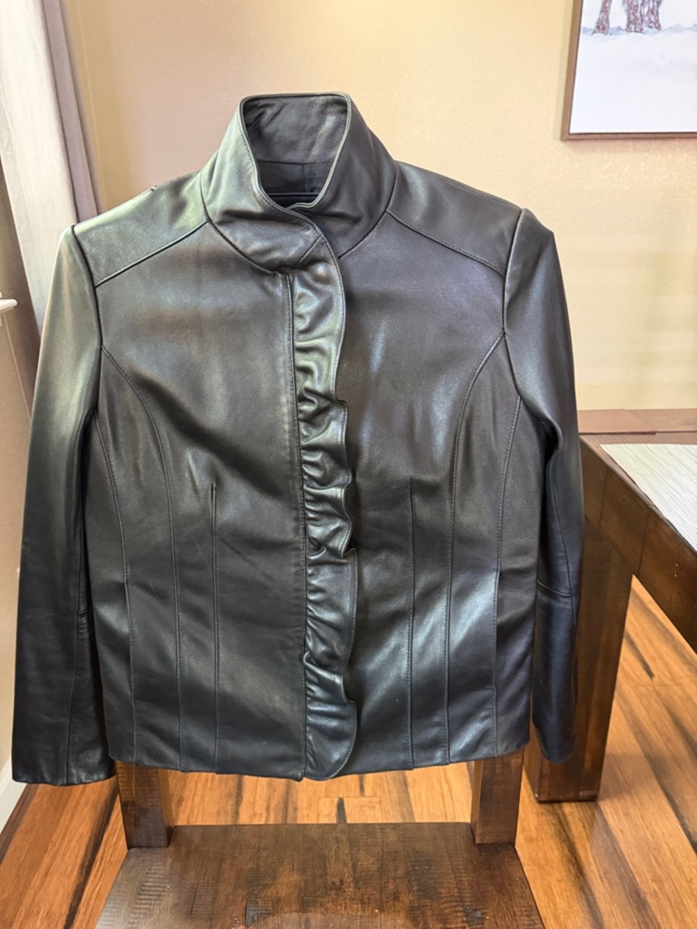 Jones New York Vintage Black Leather Ruffle-Front Jacket